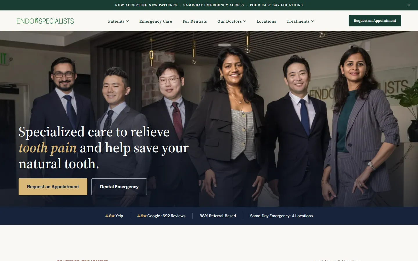 Endospecialists homepage with the headline "Specialized care to relieve tooth pain and help save your natural tooth" over a photo of the practice's specialists, with buttons to request an appointment or get emergency care