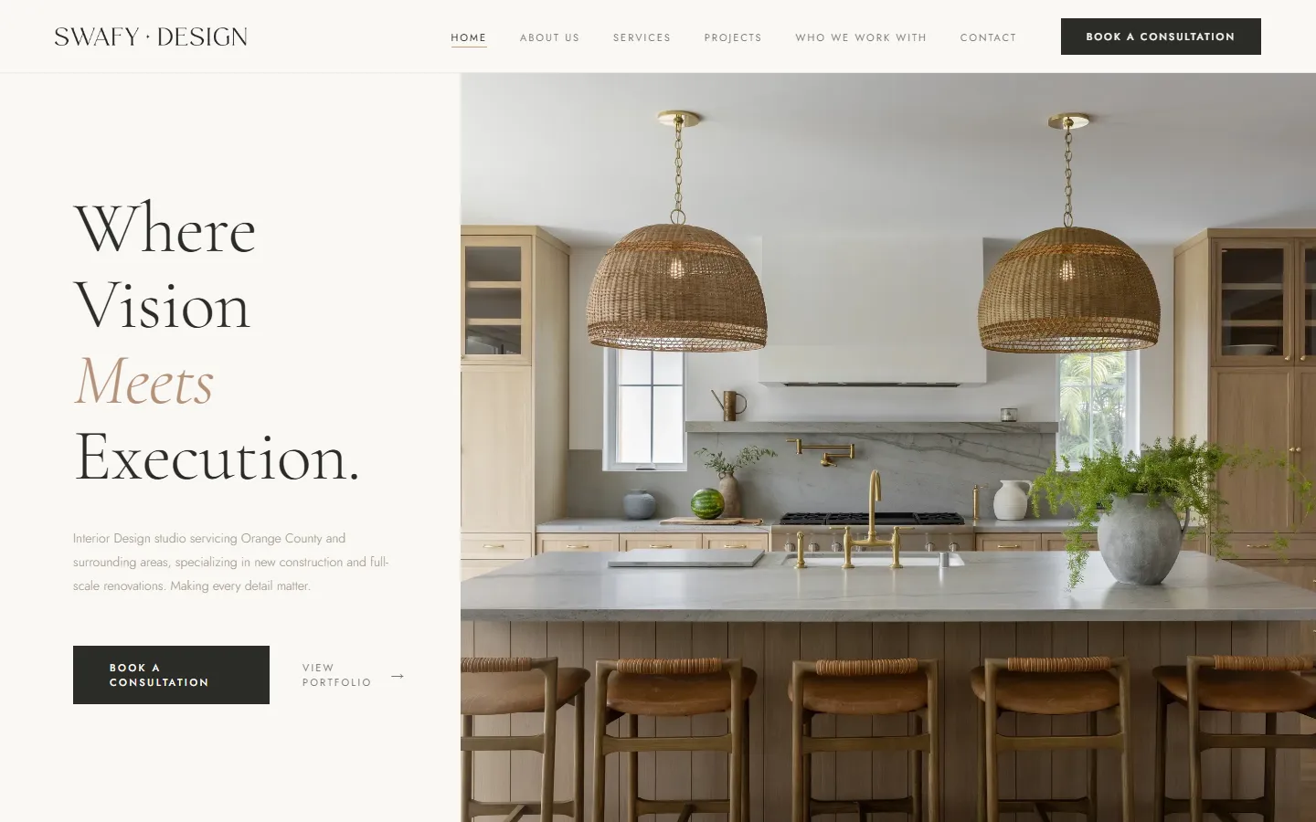 Swafy Design homepage with the headline "Where Vision Meets Execution" beside a bright kitchen with woven pendant lights
